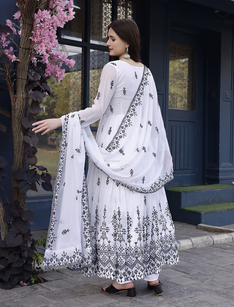 Monochrome Chikankari-Style Embroidered Anarkali Dress