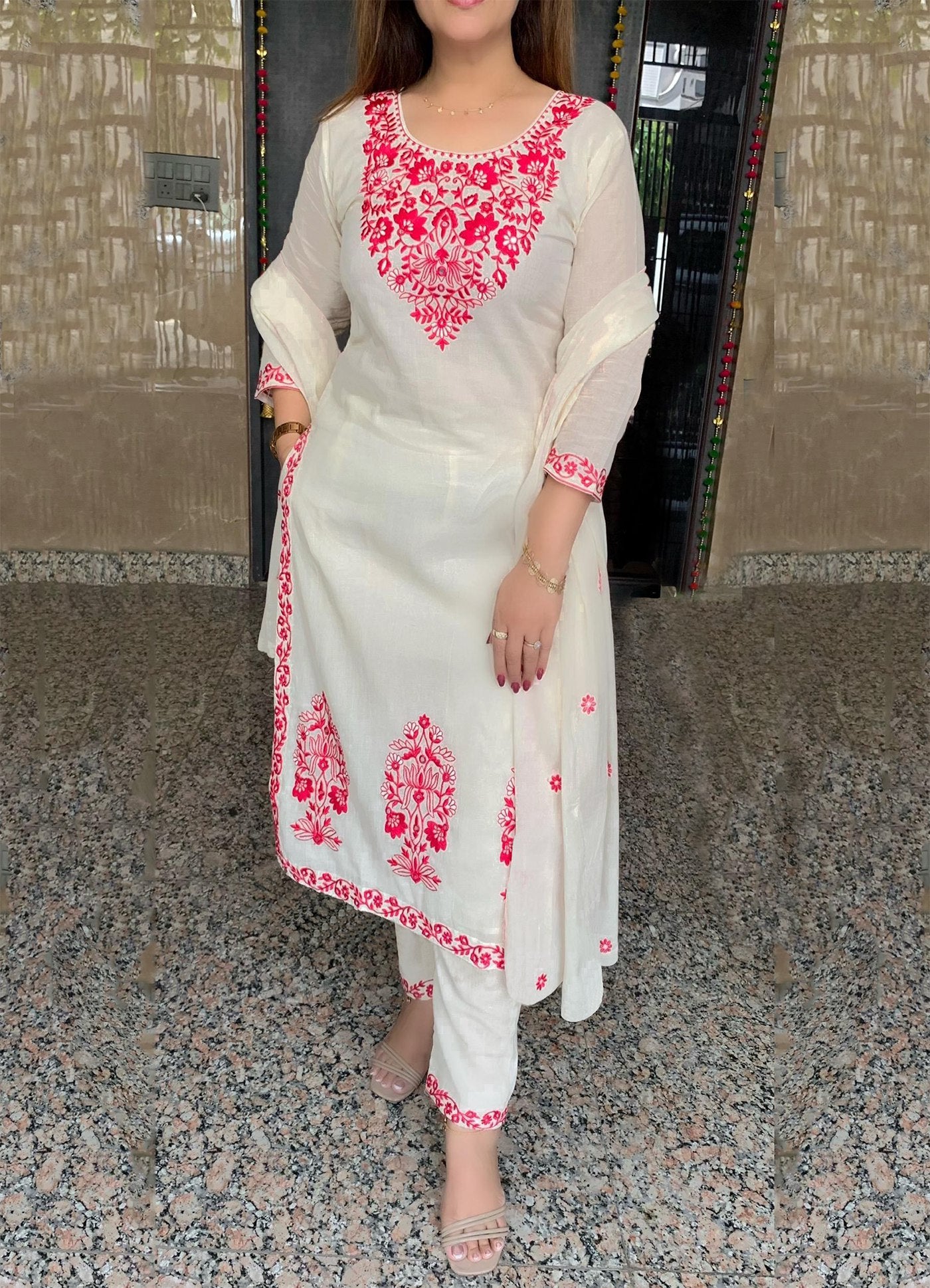 Chikankari Style White Kurta Set with Hot Pink Thread Embroidery and Dupatta