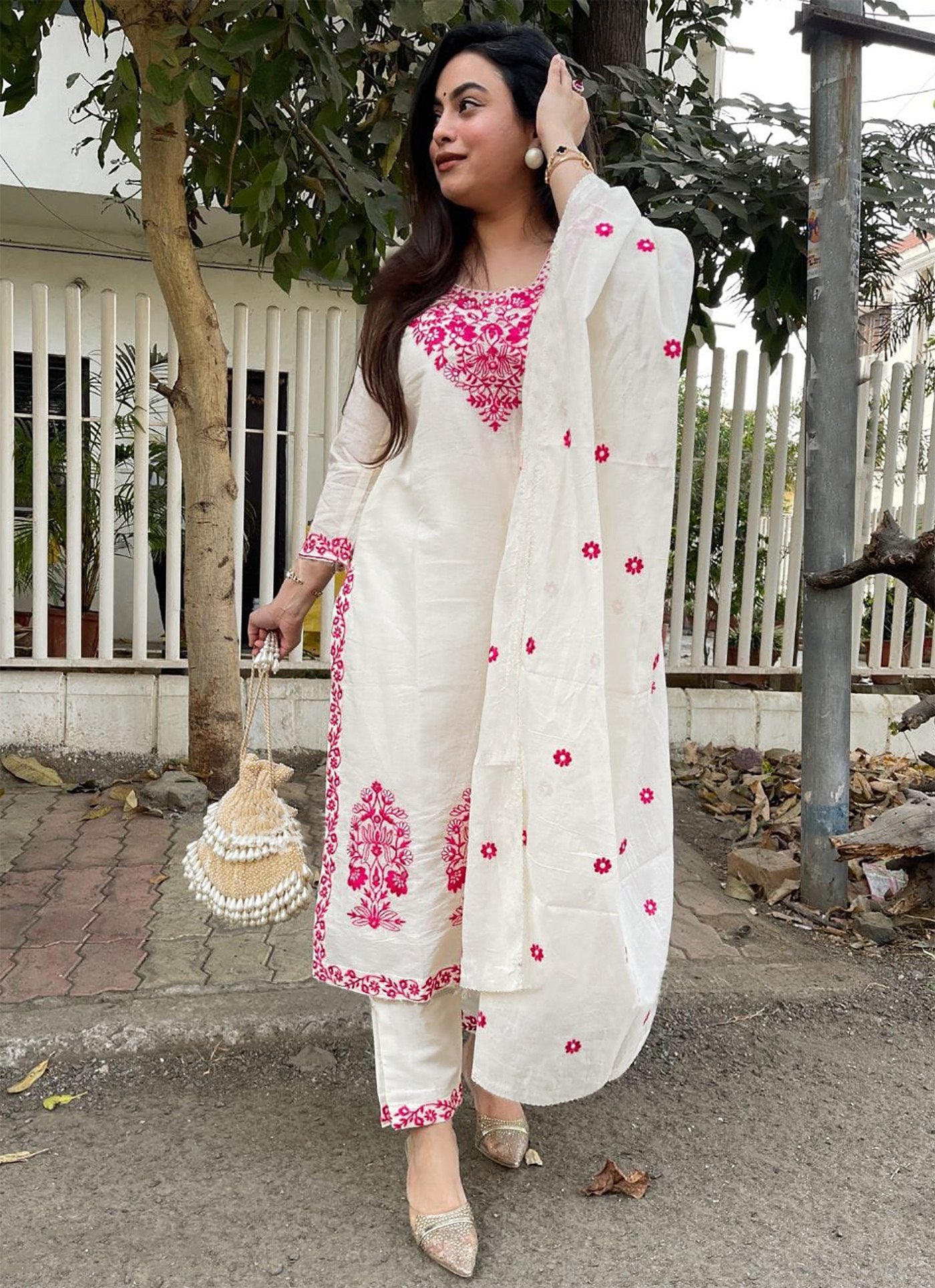 Chikankari Style White Kurta Set with Hot Pink Thread Embroidery and Dupatta