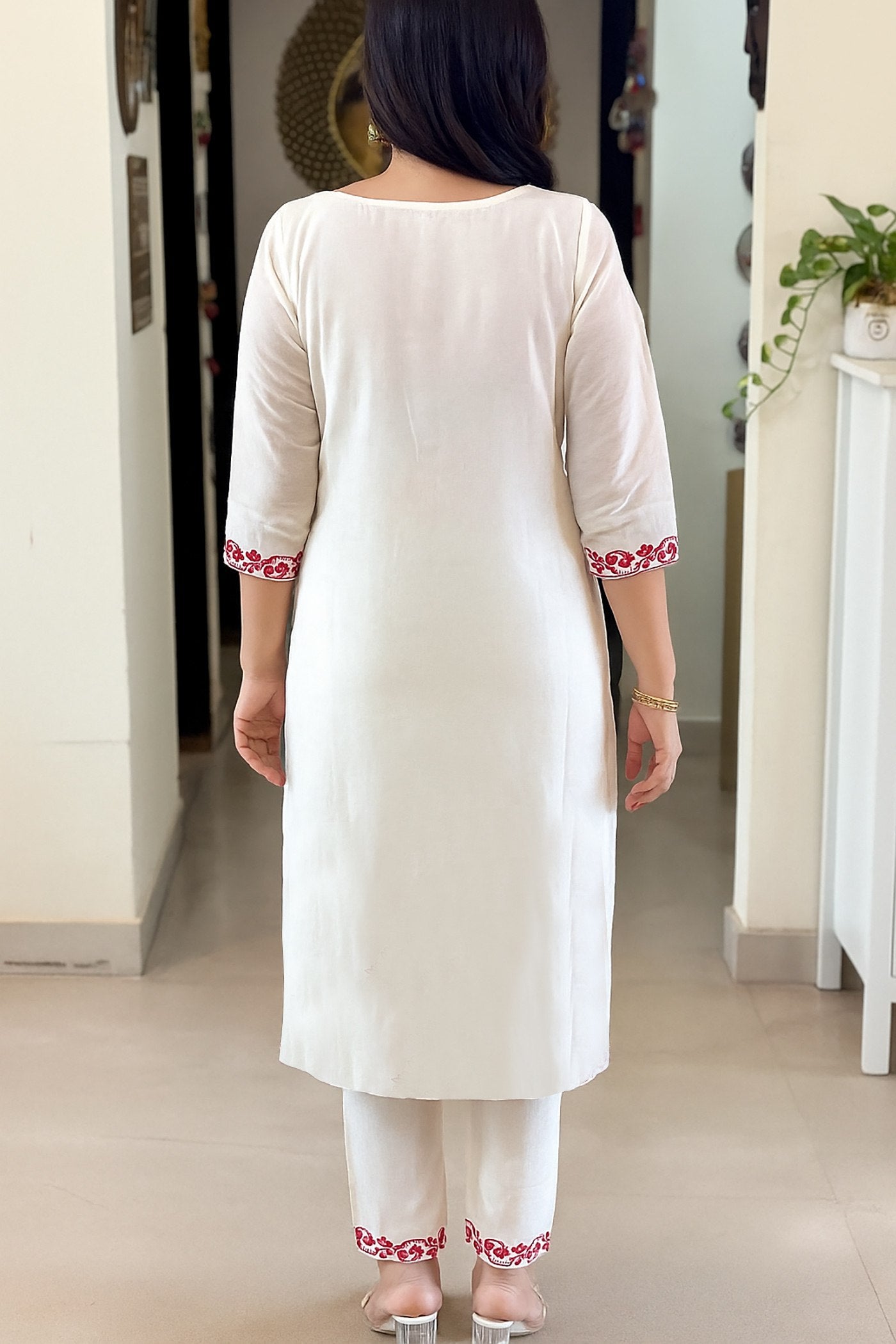 Chikankari Style White Kurta Set with Hot Pink Thread Embroidery and Dupatta
