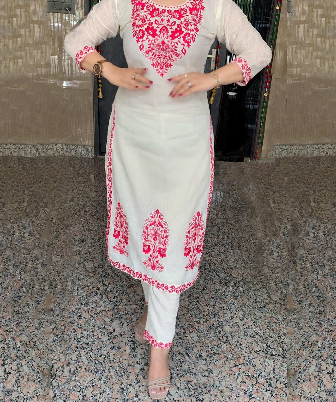 Chikankari Style White Kurta Set with Hot Pink Thread Embroidery and Dupatta