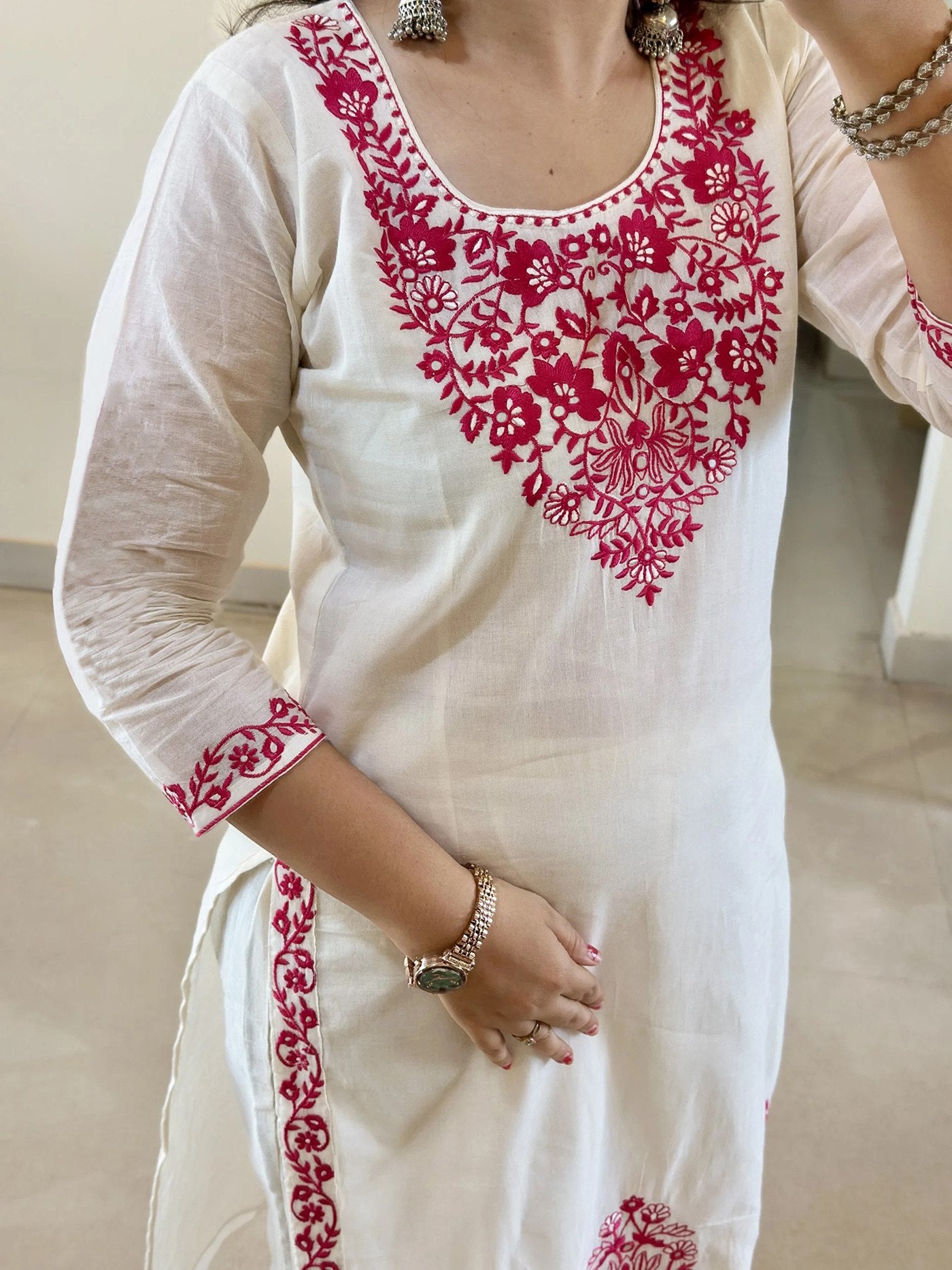 Chikankari Style White Kurta Set with Hot Pink Thread Embroidery and Dupatta