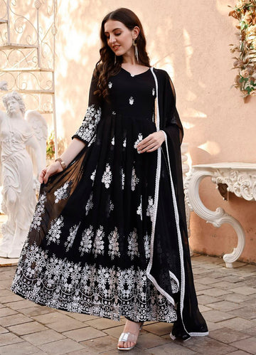 Designer Black and White Heavy Work Chikankari Anarkali Suit