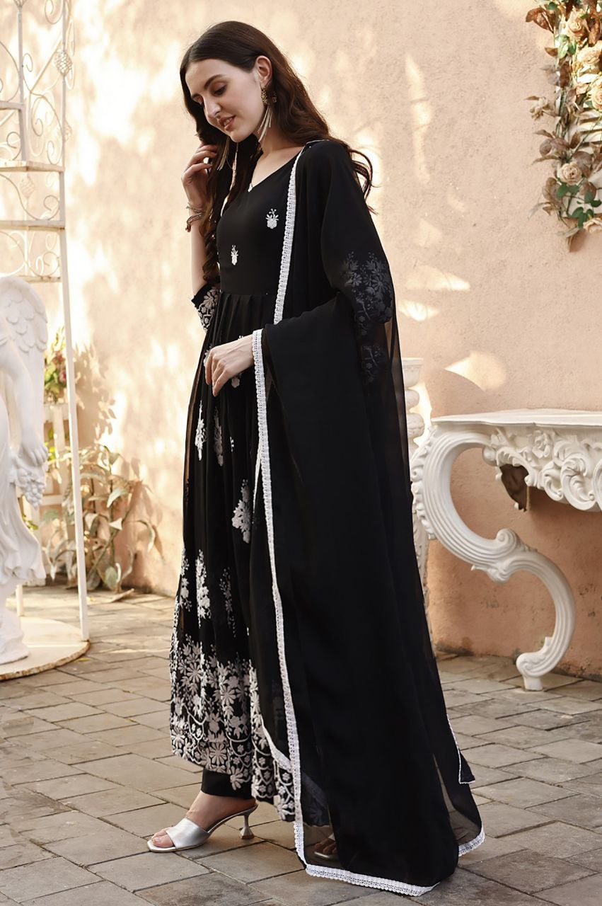 Designer Black and White Heavy Work Chikankari Anarkali Suit