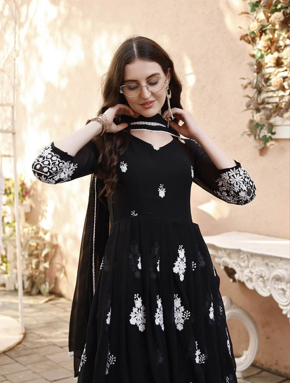 Designer Black and White Heavy Work Chikankari Anarkali Suit