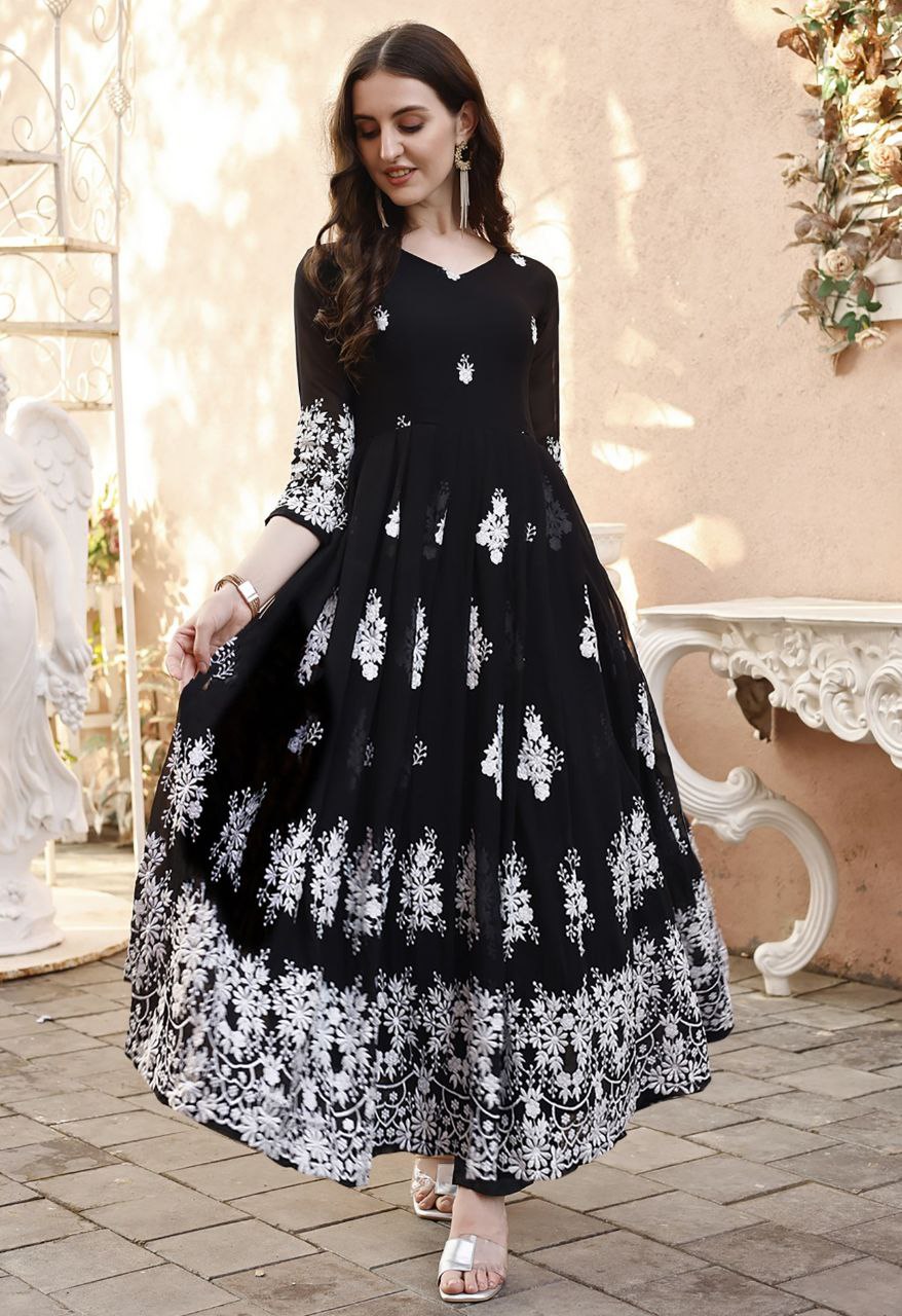 Designer Black and White Heavy Work Chikankari Anarkali Suit