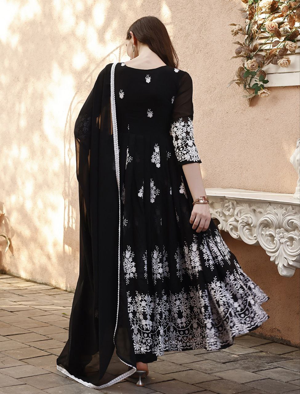 Designer Black and White Heavy Work Chikankari Anarkali Suit