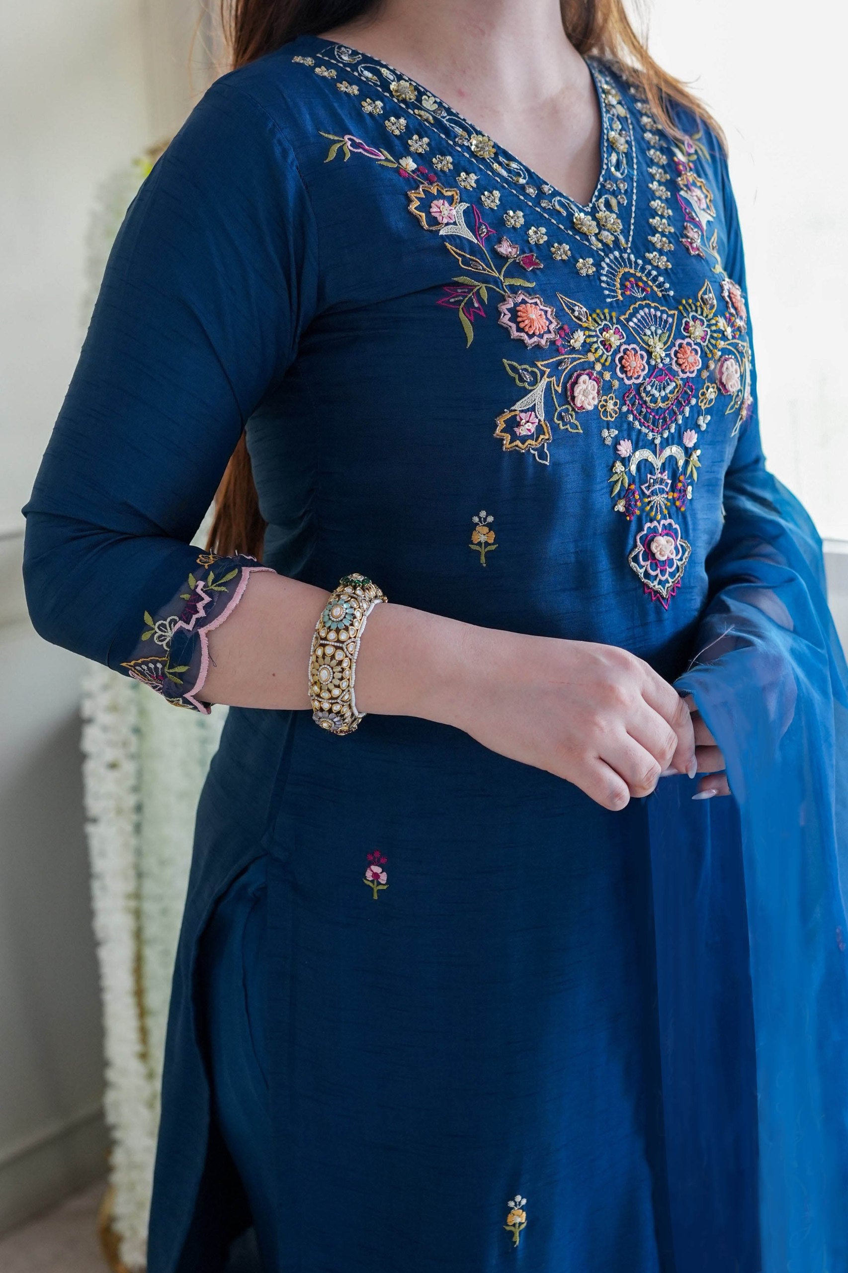 Embroidered Deep Teal (or Navy/Royal) Blue Silk Blend Kurta Set with Dupatta