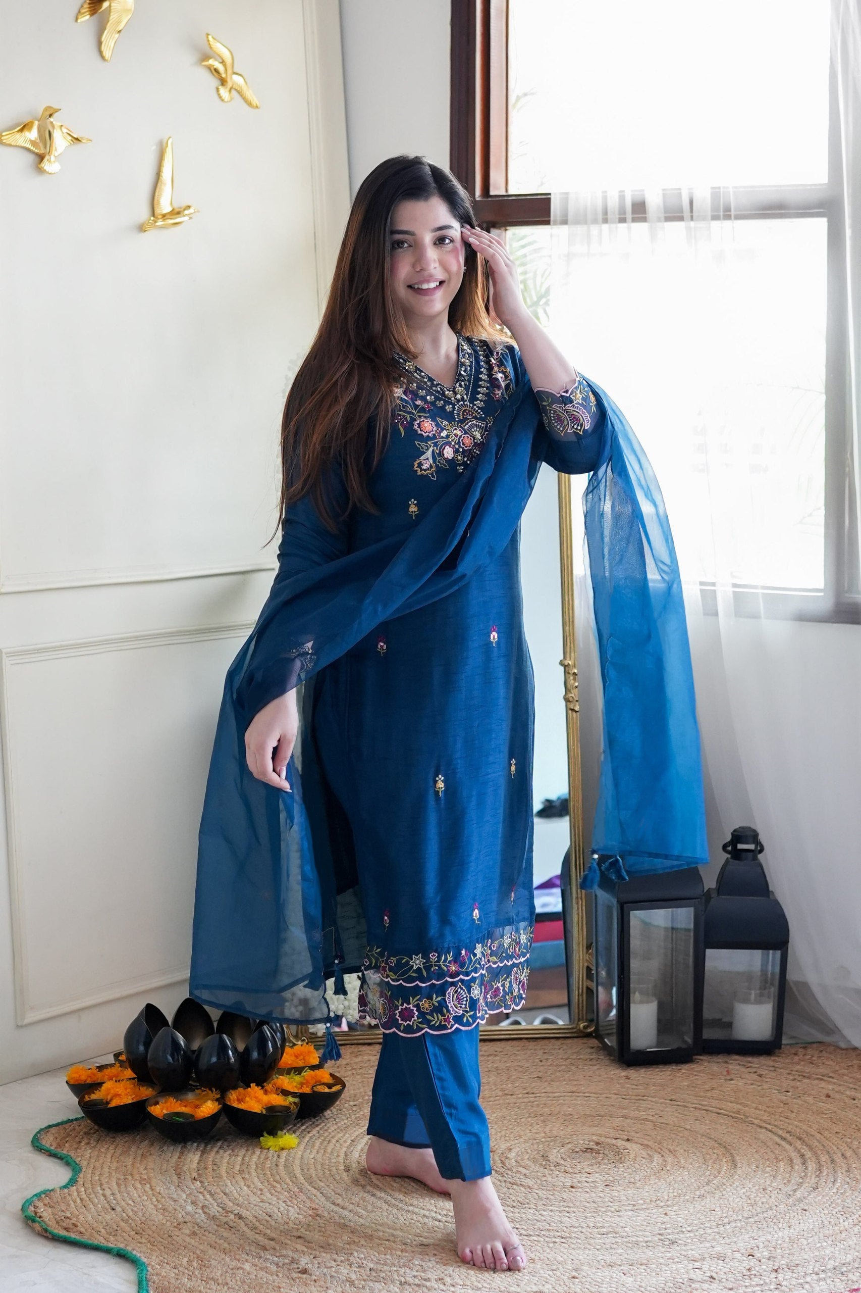 Embroidered Deep Teal (or Navy/Royal) Blue Silk Blend Kurta Set with Dupatta
