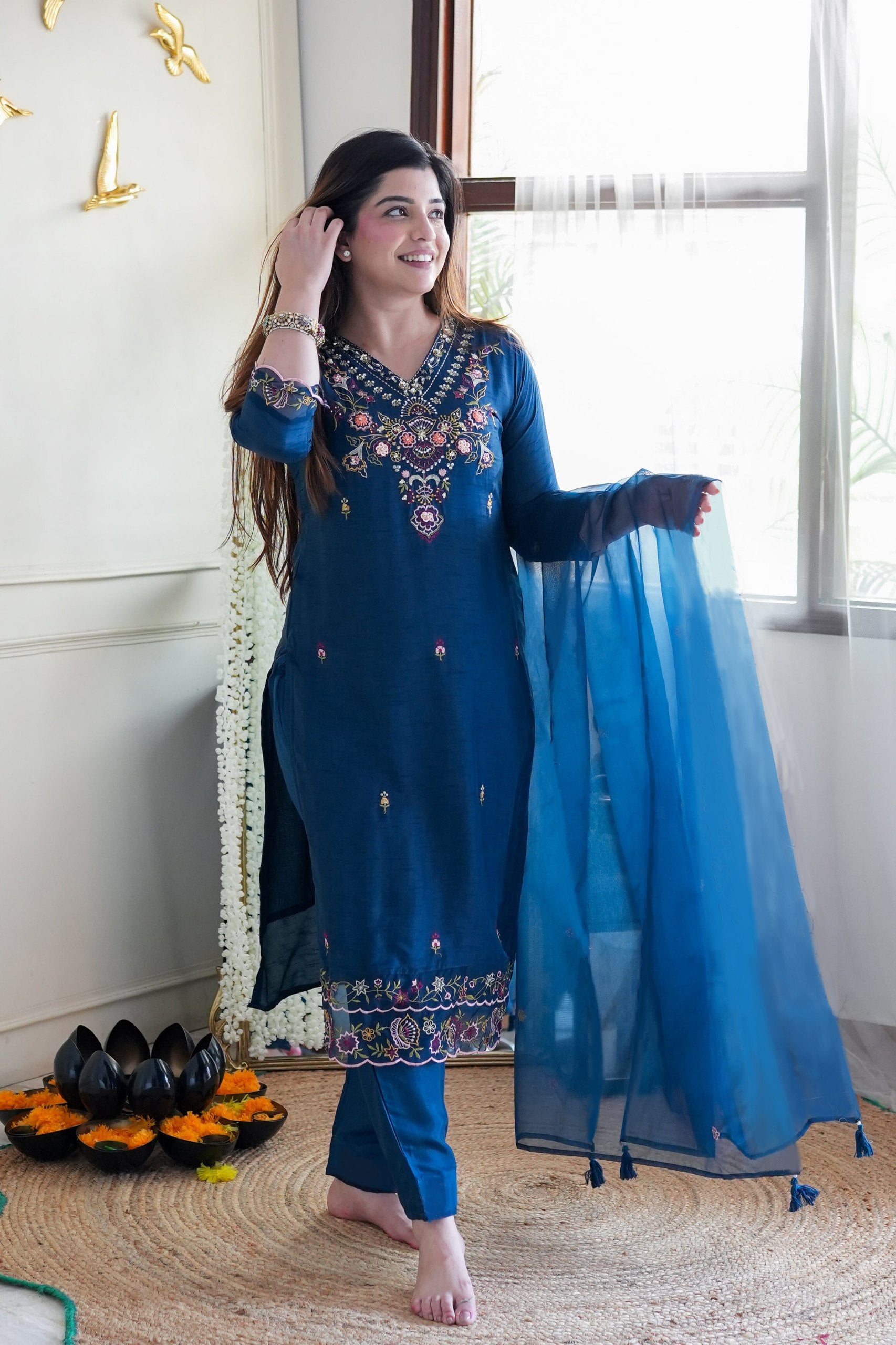 Embroidered Deep Teal (or Navy/Royal) Blue Silk Blend Kurta Set with Dupatta