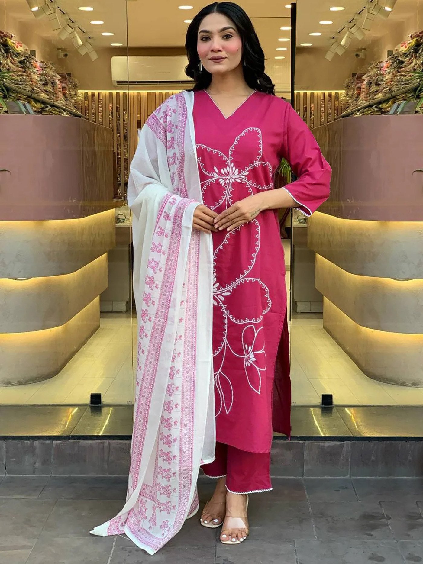 Fuschia Floral Embroidered Cotton Kurta Set with Printed Dupatta