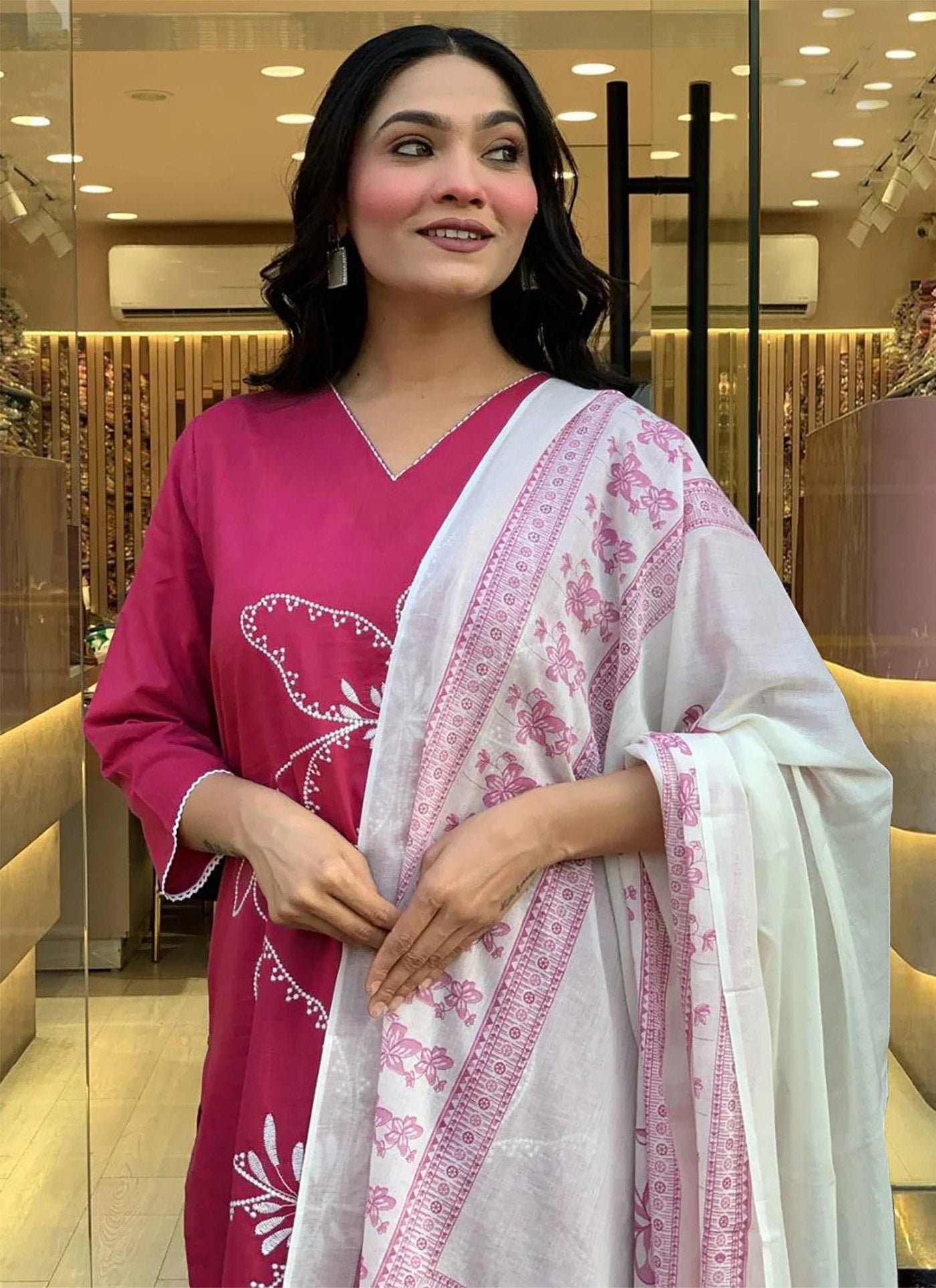 Fuschia Floral Embroidered Cotton Kurta Set with Printed Dupatta