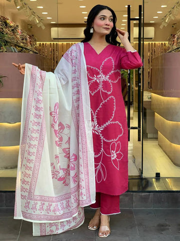 Fuschia Floral Embroidered Cotton Kurta Set with Printed Dupatta