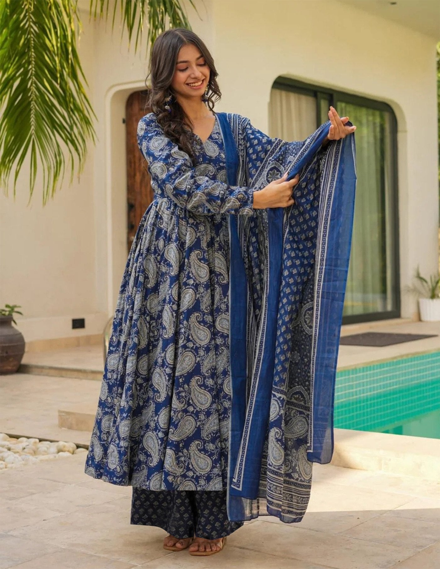 Blue Printed Anarkali Kurta Set with Palazzo/Pants and Dupatta