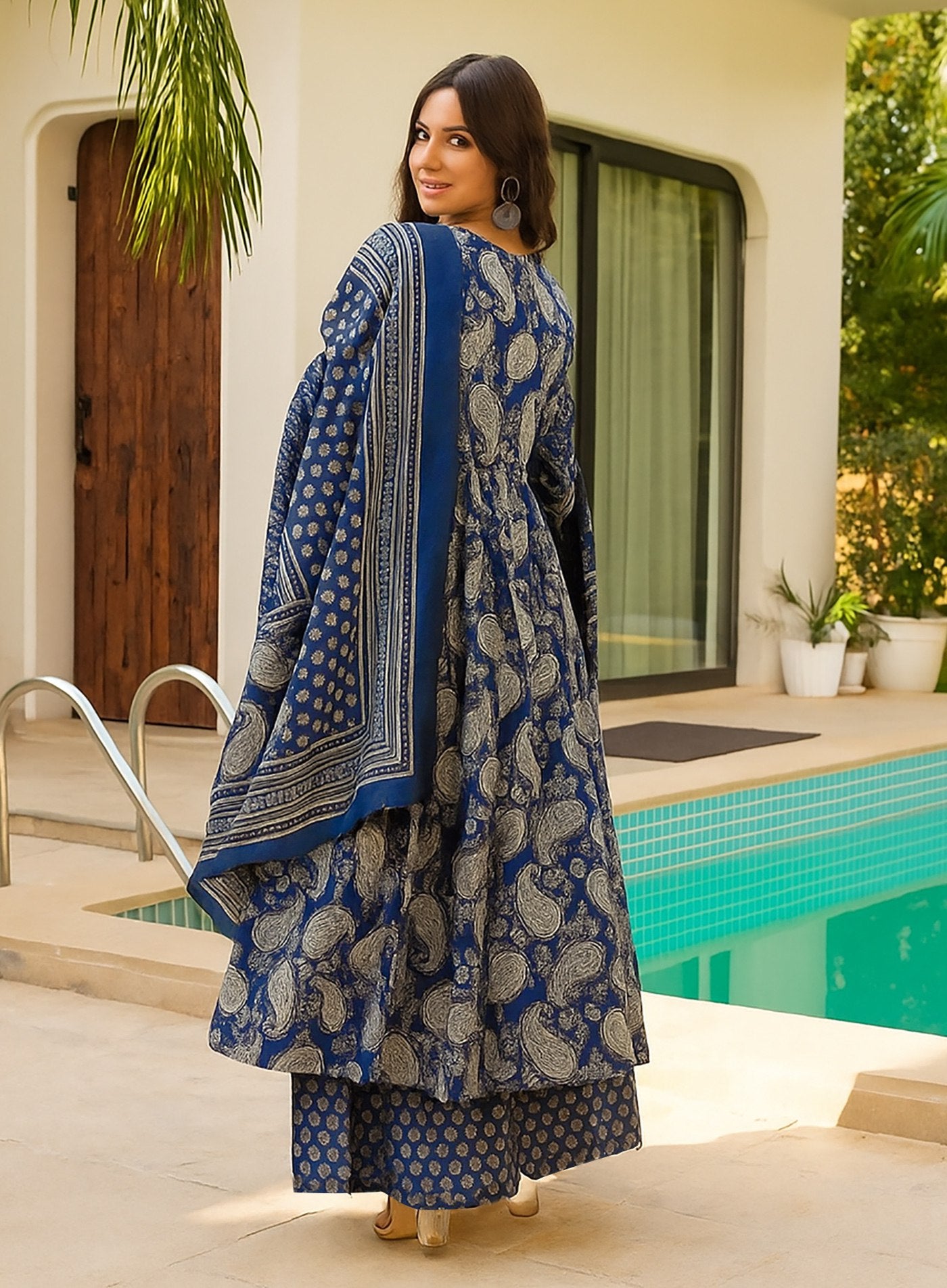 Blue Printed Anarkali Kurta Set with Palazzo/Pants and Dupatta