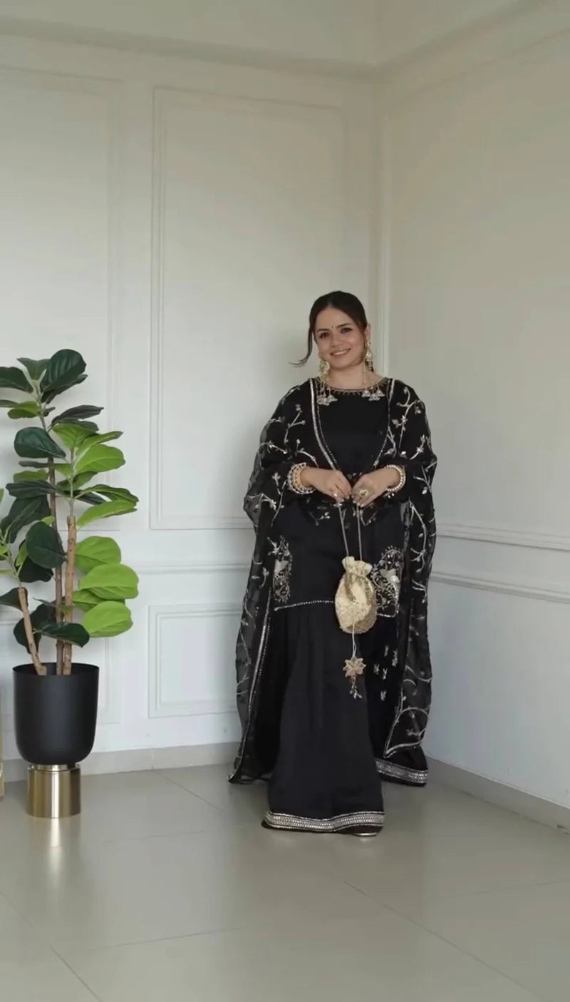 Pure Natural Crep With Embroidery Sequence Work Kurta Set