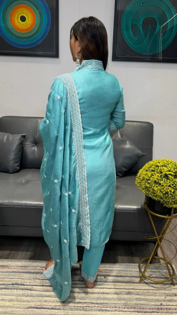 Elegant Sea Sky Blue Chikankari Embroidered 3-Piece Kurta Set