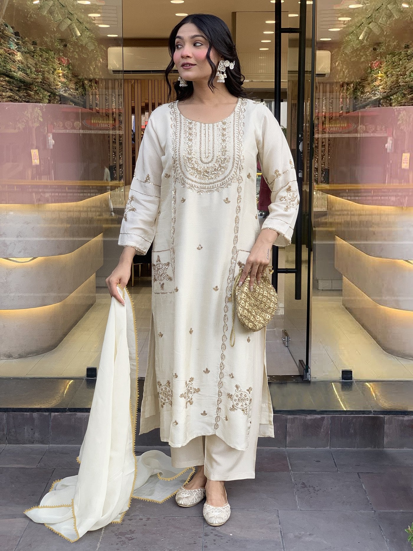 Designer Off-White Straight Cut Salwar Suit