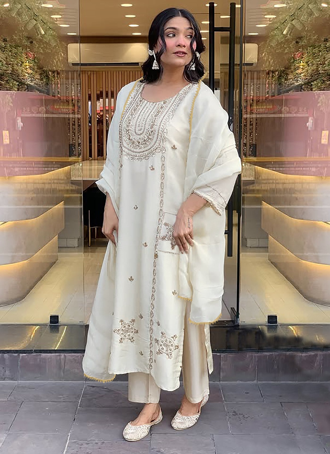 Designer Off-White Straight Cut Salwar Suit