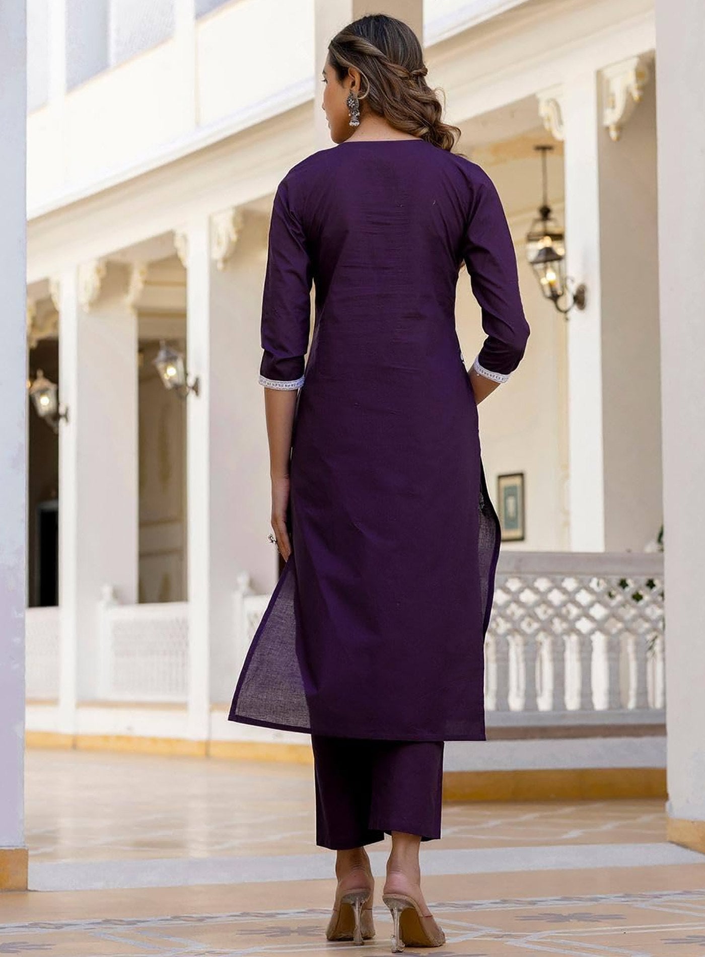 Ethnic Wear: Purple Kurta Pant Set with White Thread Embroidery