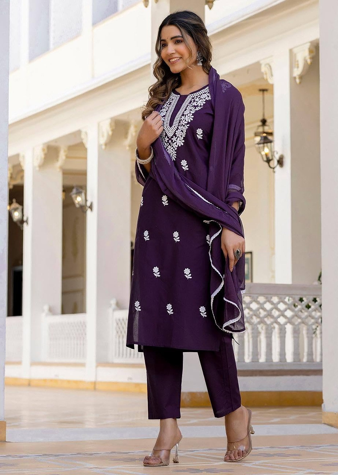 Ethnic Wear: Purple Kurta Pant Set with White Thread Embroidery