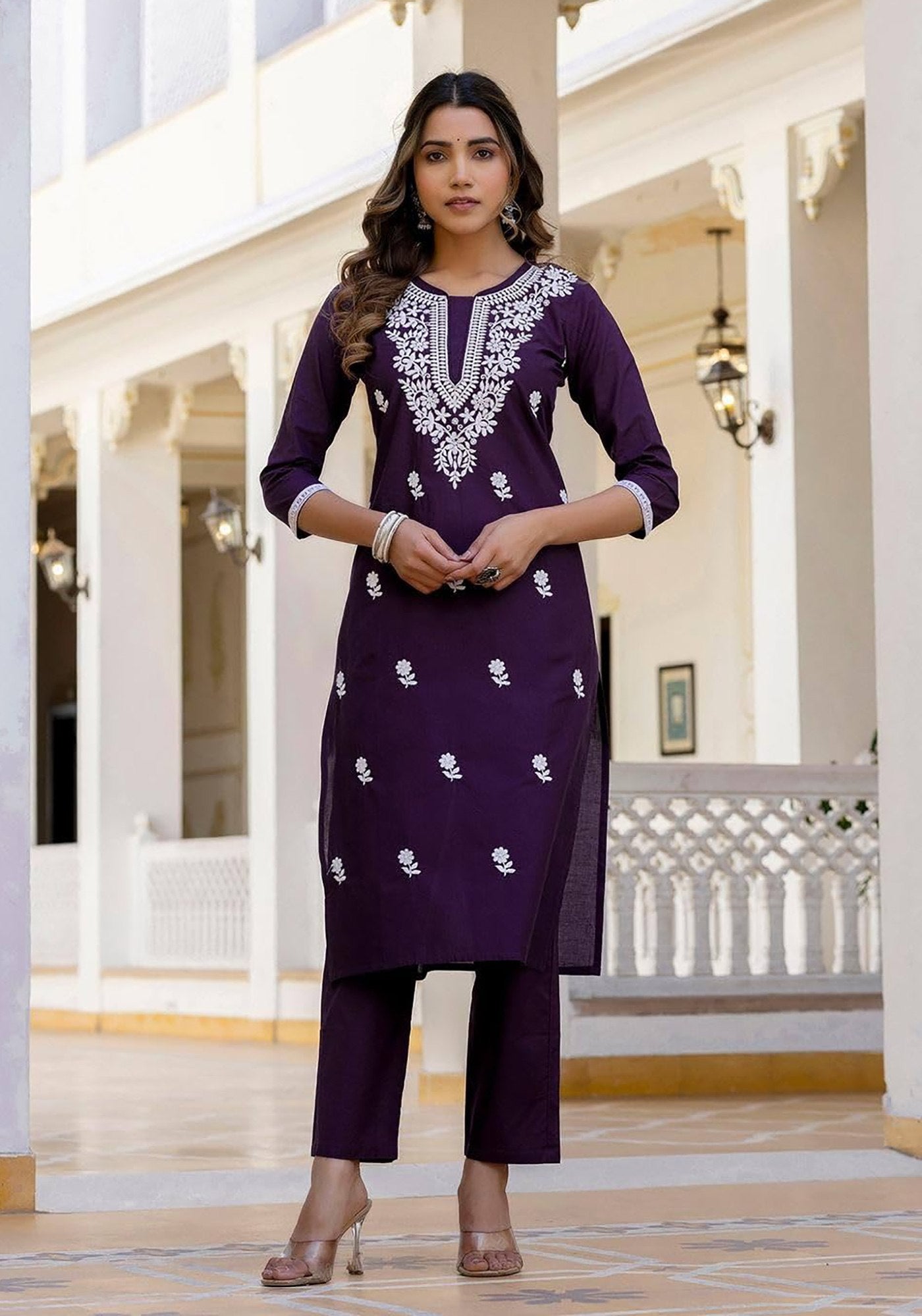 Ethnic Wear: Purple Kurta Pant Set with White Thread Embroidery