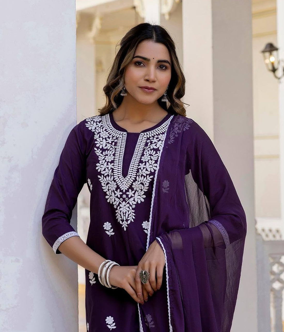 Ethnic Wear: Purple Kurta Pant Set with White Thread Embroidery