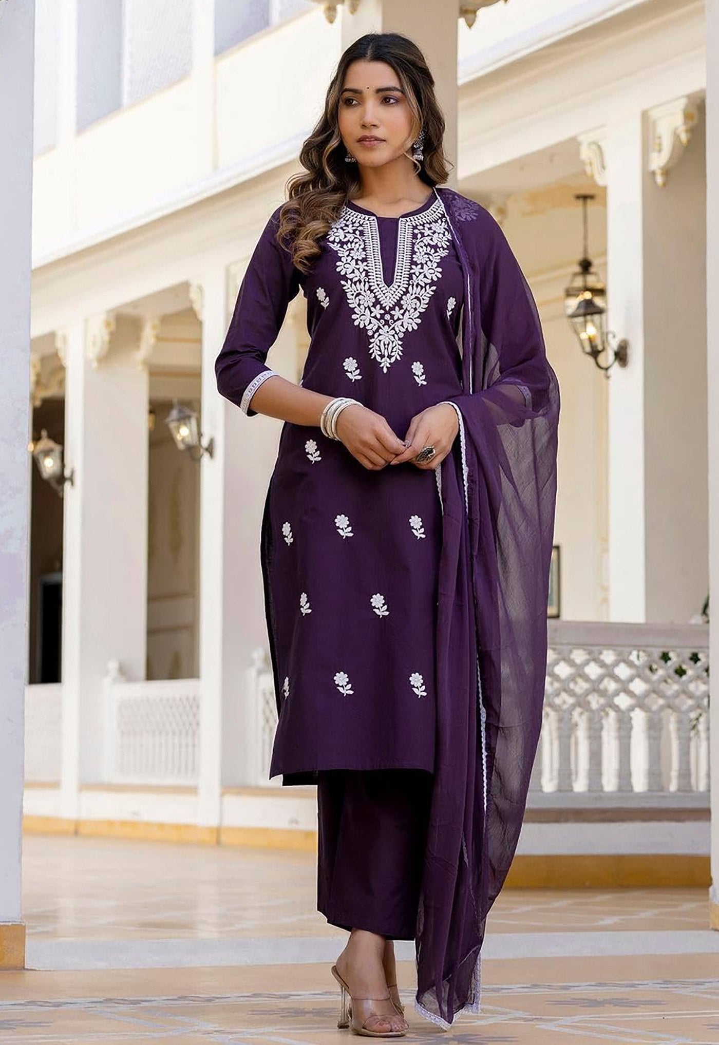 Ethnic Wear: Purple Kurta Pant Set with White Thread Embroidery