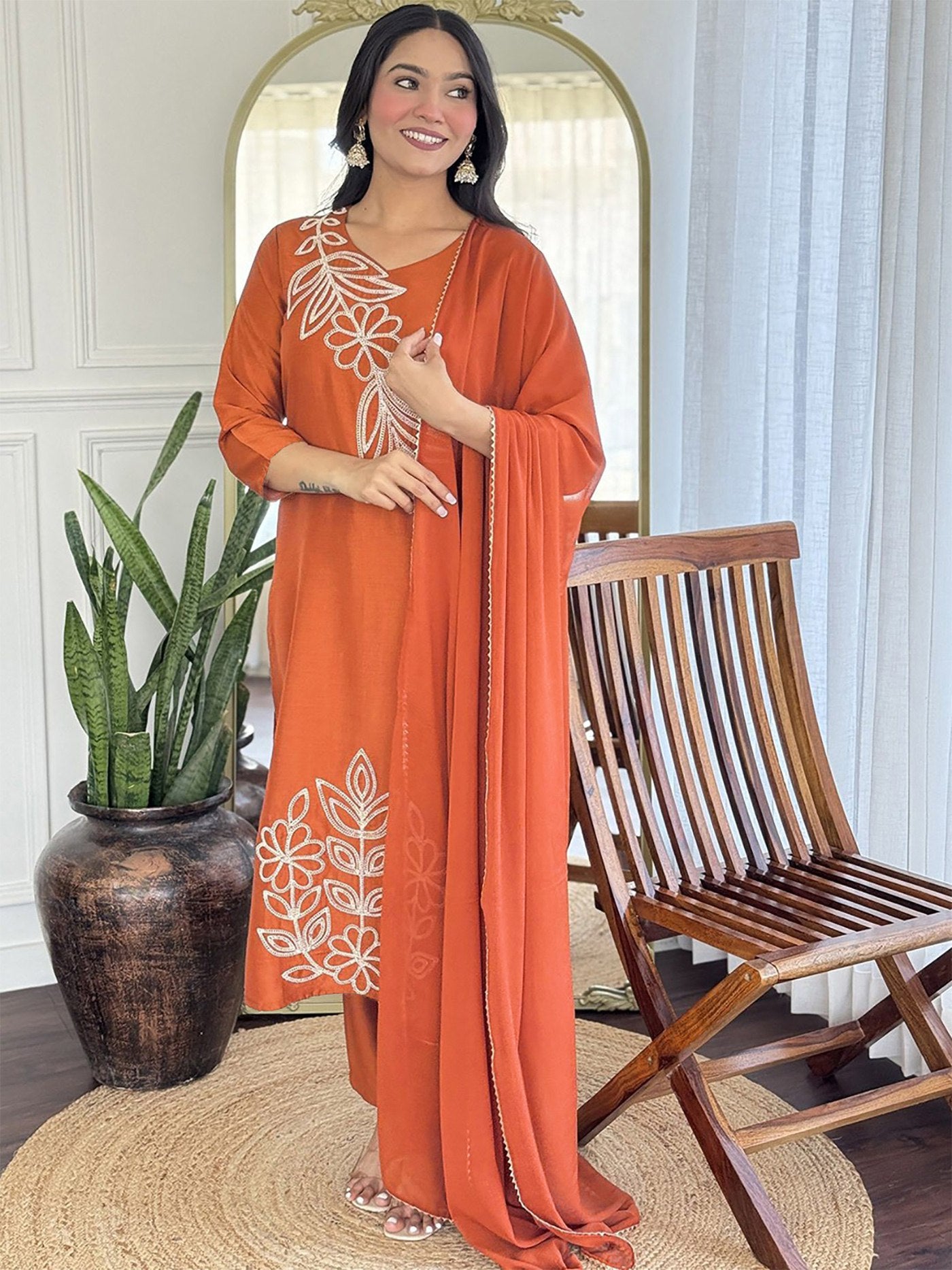 Rust Orange Solid Kurta Pant Dupatta Set