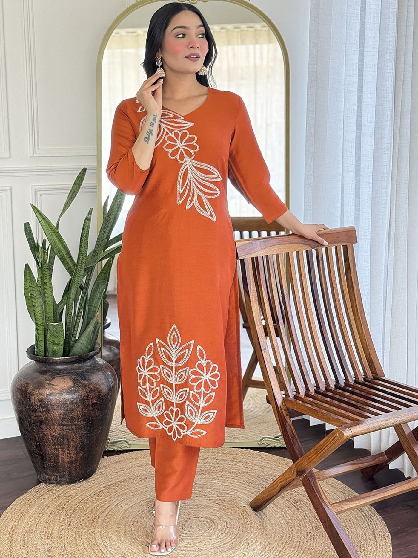 Rust Orange Solid Kurta Pant Dupatta Set
