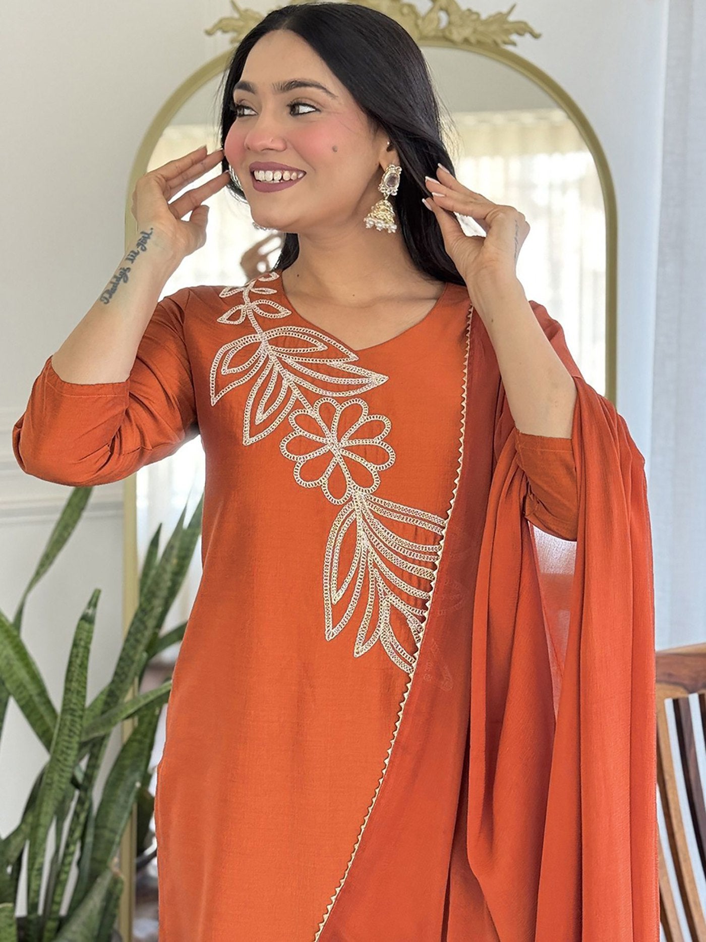 Rust Orange Solid Kurta Pant Dupatta Set