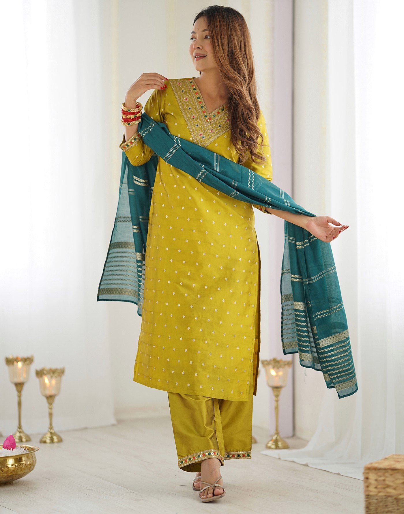 Mustard Yellow Silk/Cotton Blend Kurta Set with Teal Dupatta