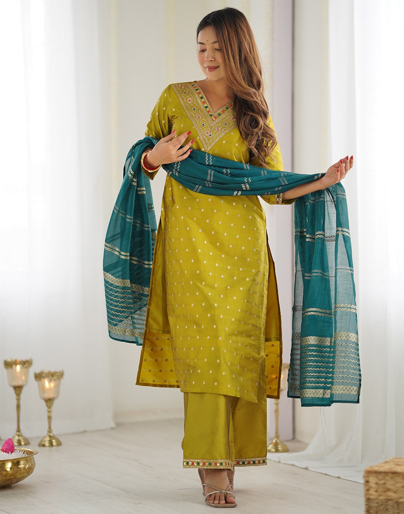 Mustard Yellow Silk/Cotton Blend Kurta Set with Teal Dupatta
