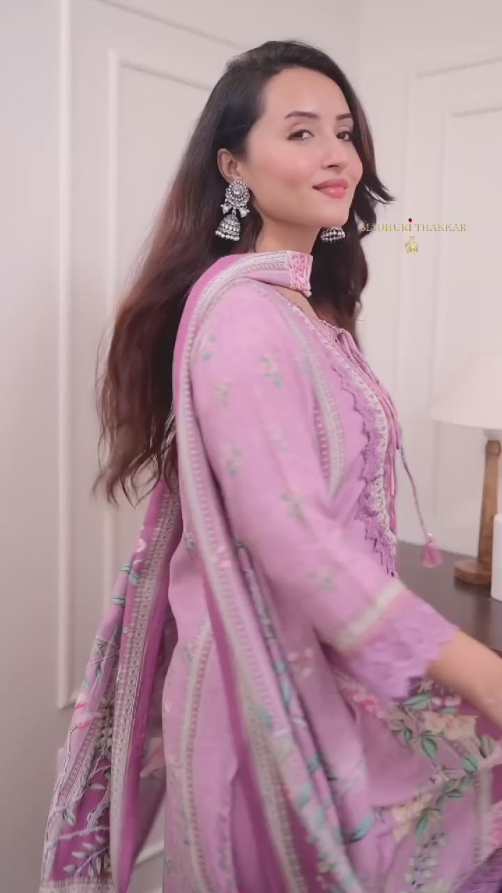 Lavender Floral Print and Embroidered Kurta Set with Dupatta