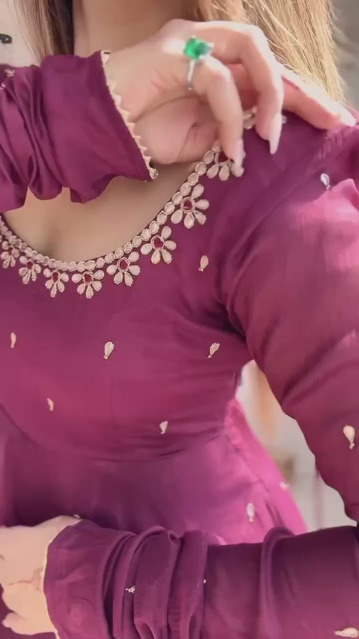 Embroidered Neck Full Sleeve Anarkali Suit in Deep Plum