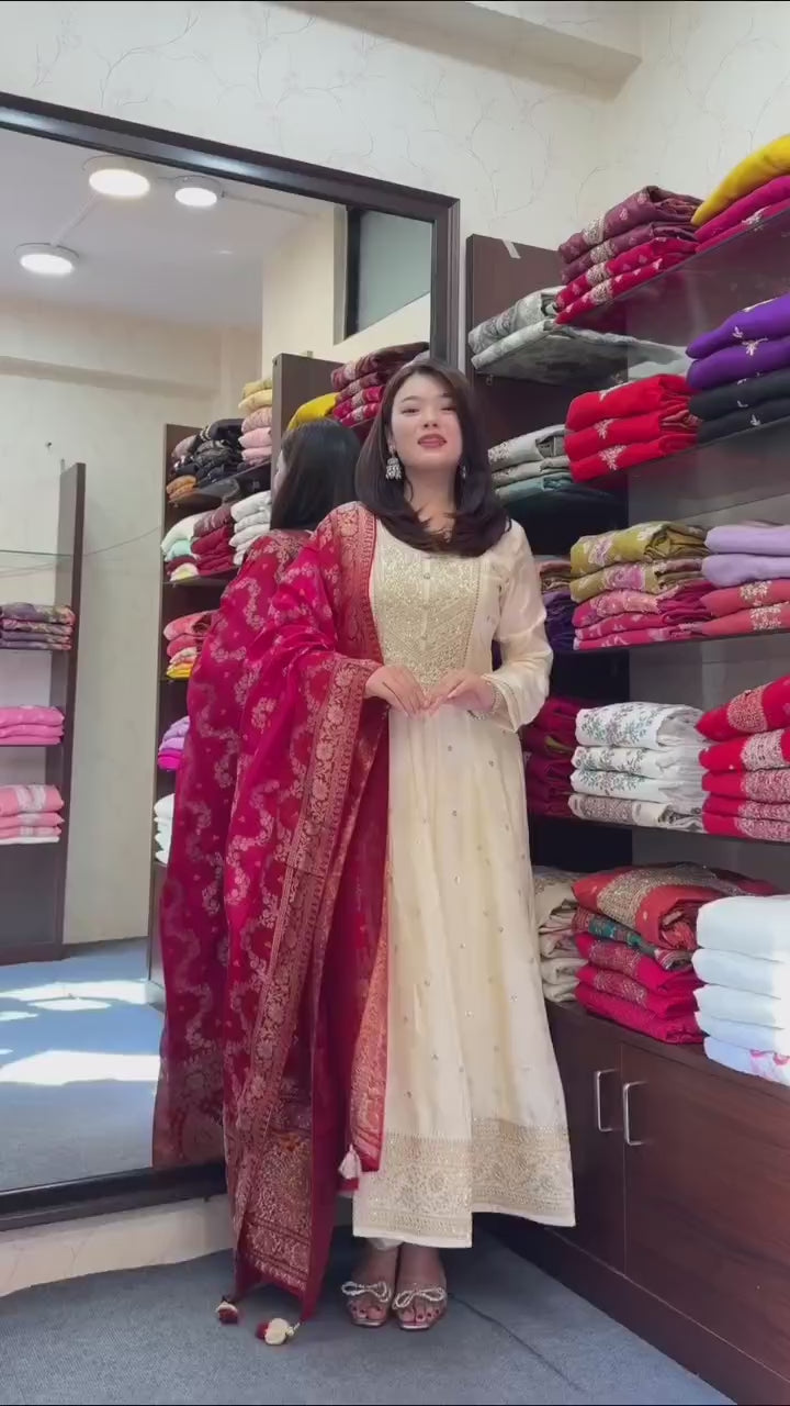 Party Wear Silk Anarkali Dress with Intricate Gold Zari & Mirror Work | Readymade Indian Salwar Kameez