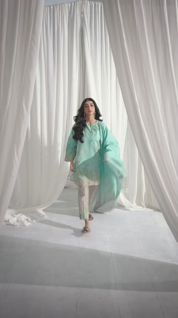 Teal Bloom Kurta Set with Dupatta for Women