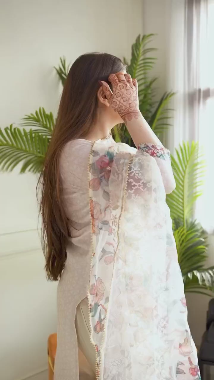 Light Beige Floral Printed Lilan Cotton Kurta Set with Organza Dupatta