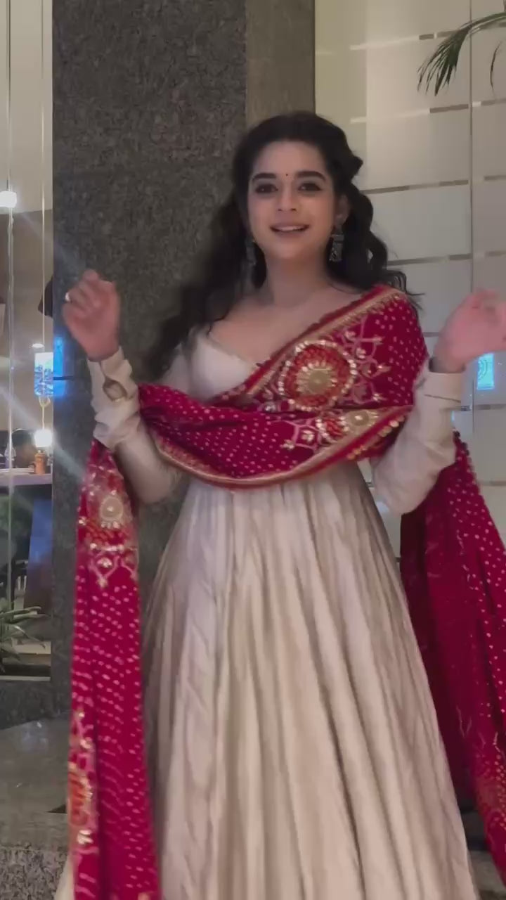 Cream Anarkali Suit with Red Bandhani Dupatta