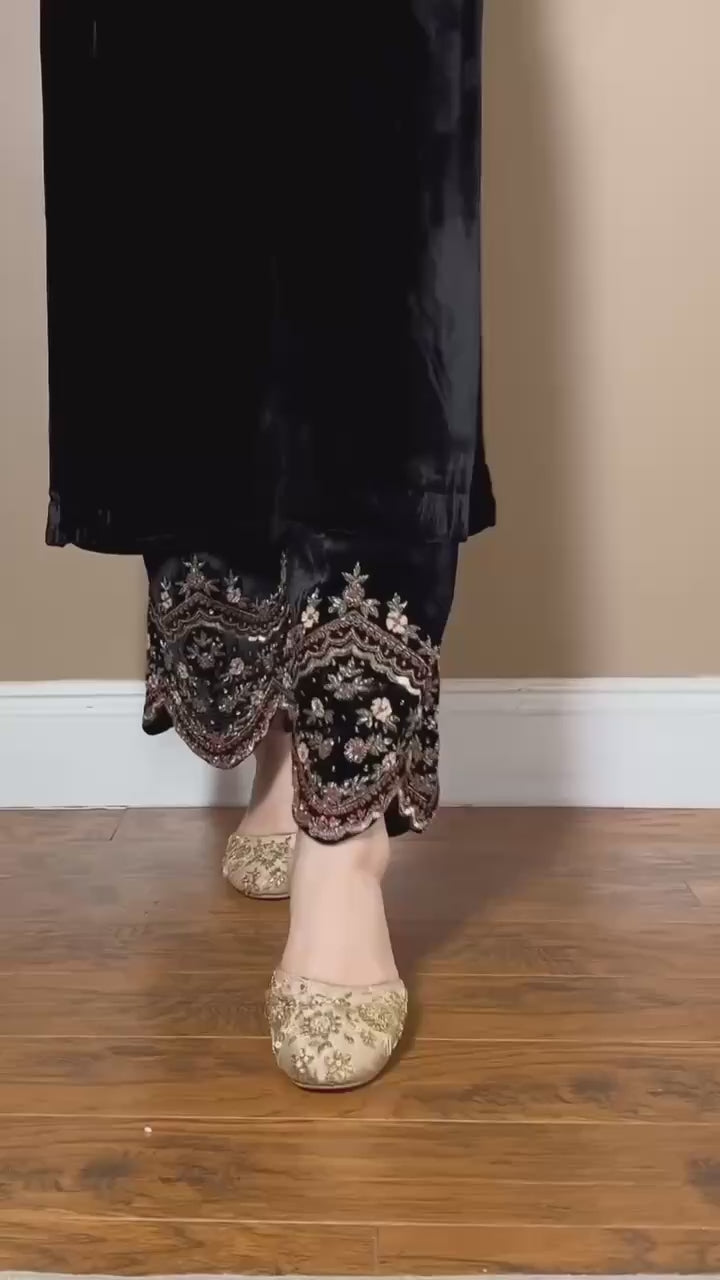 Luxury Black Velvet V-Neck Tunic with Embroidered Bottoms