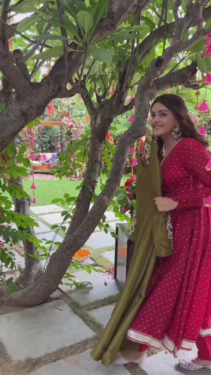 Mustard/Olive Green Tiered Anarkali Suit Set with Sharara and Heavy Dupatta