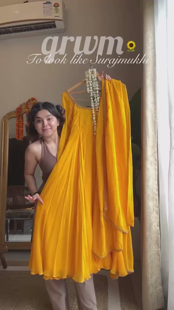Mustard Yellow Full-Sleeve Anarkali Gown with Embroidered Neckline