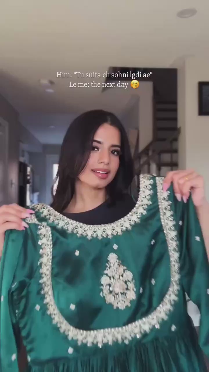 Full Sleeves Pleated Green Gown with Heavy Border Embroidery