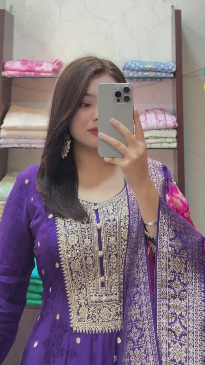 Party Wear Silk Anarkali Dress with Intricate Gold Zari & Mirror Work | Readymade Indian Salwar Kameez